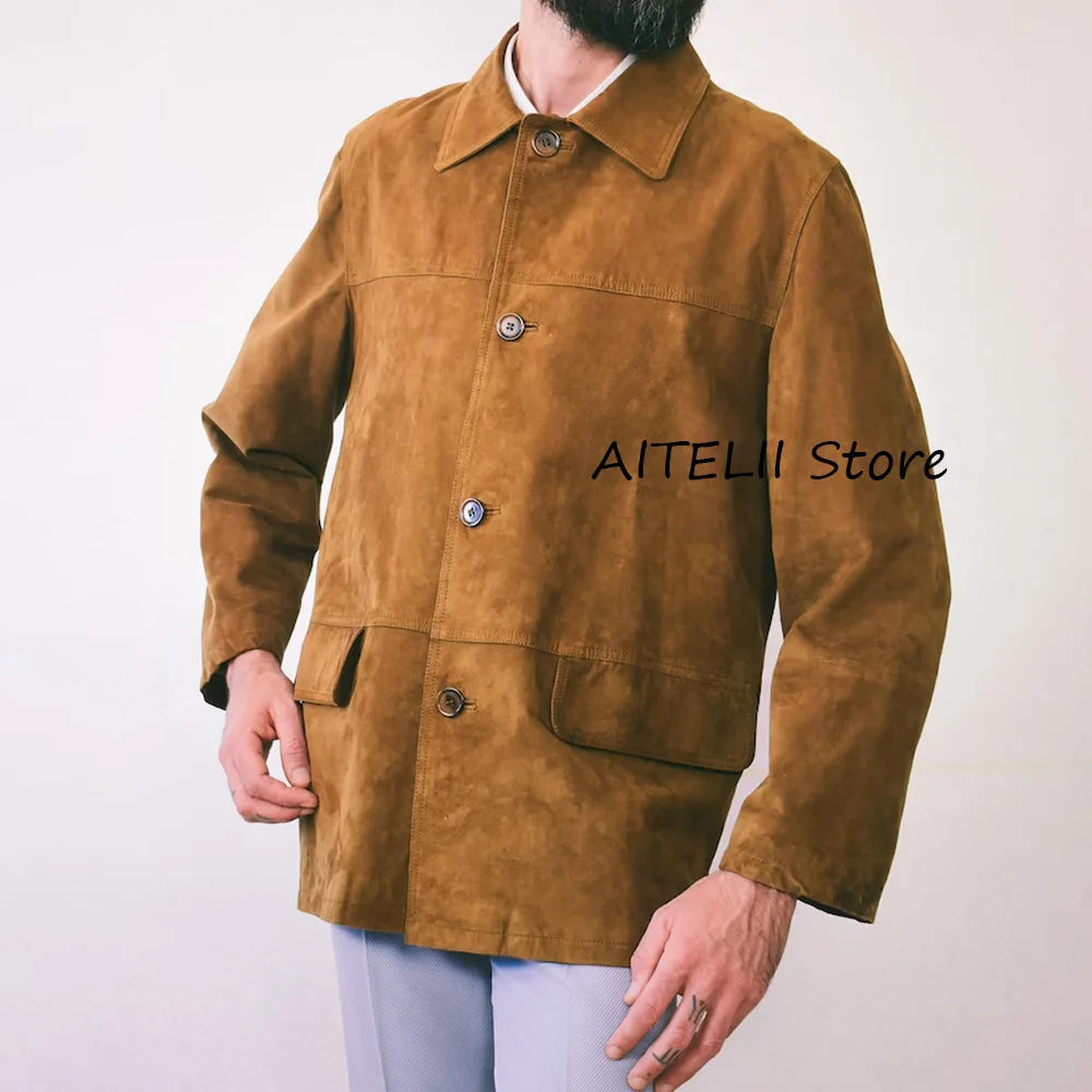 

Мужские куртки высокого качества с лацканами, модный костюм, однобортные мужские костюмы, замшевая ткань, два кармана с клапанами, повседневный классический пиджак