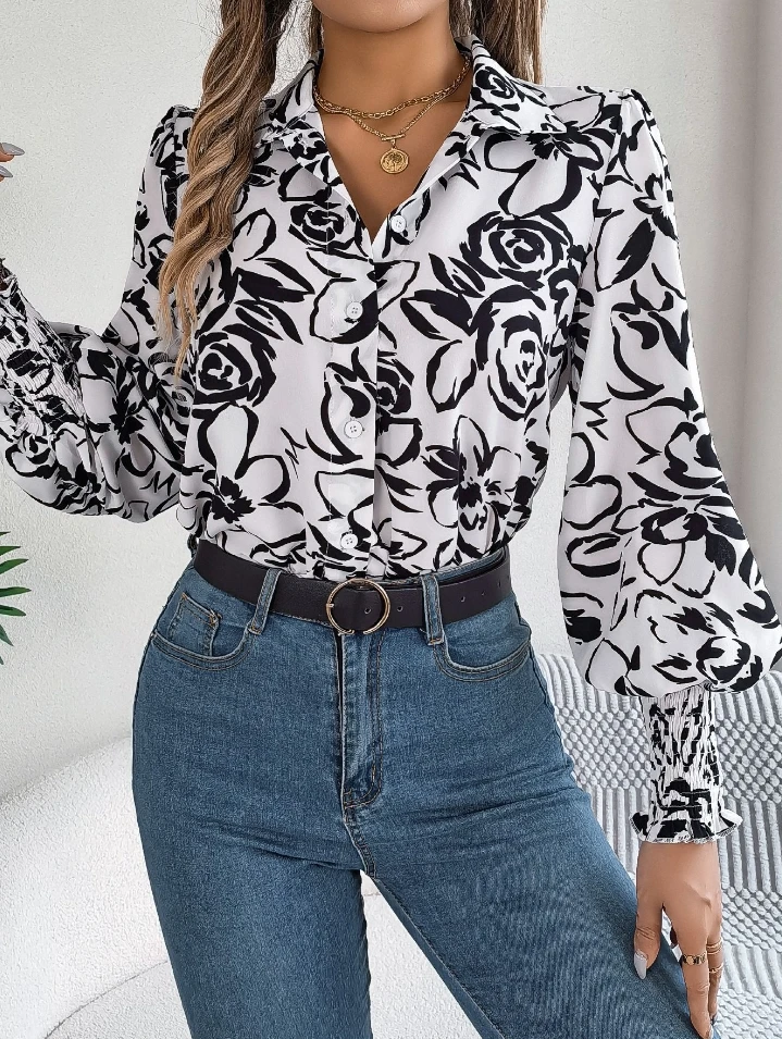 

Women's Blouses 2025 Spring Summer Latest Elegant Contrast Flower Lantern Sleeves Flip Collar Shirt Long Sleeves Loose Top