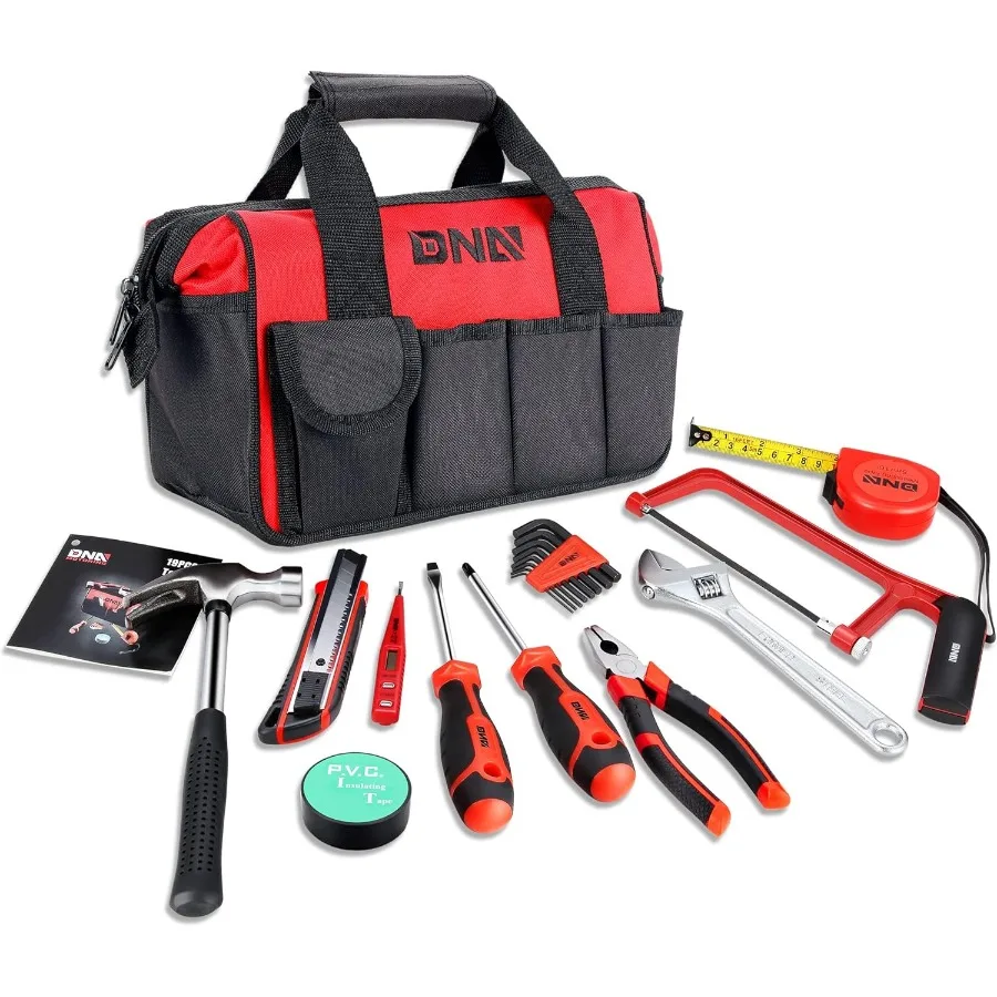 

19Piece Red Tool Set Portable Household Hand Tool Kit with Wide Mouth Canvas Storage Bag for DIY Home Repairing Ideal Gift for