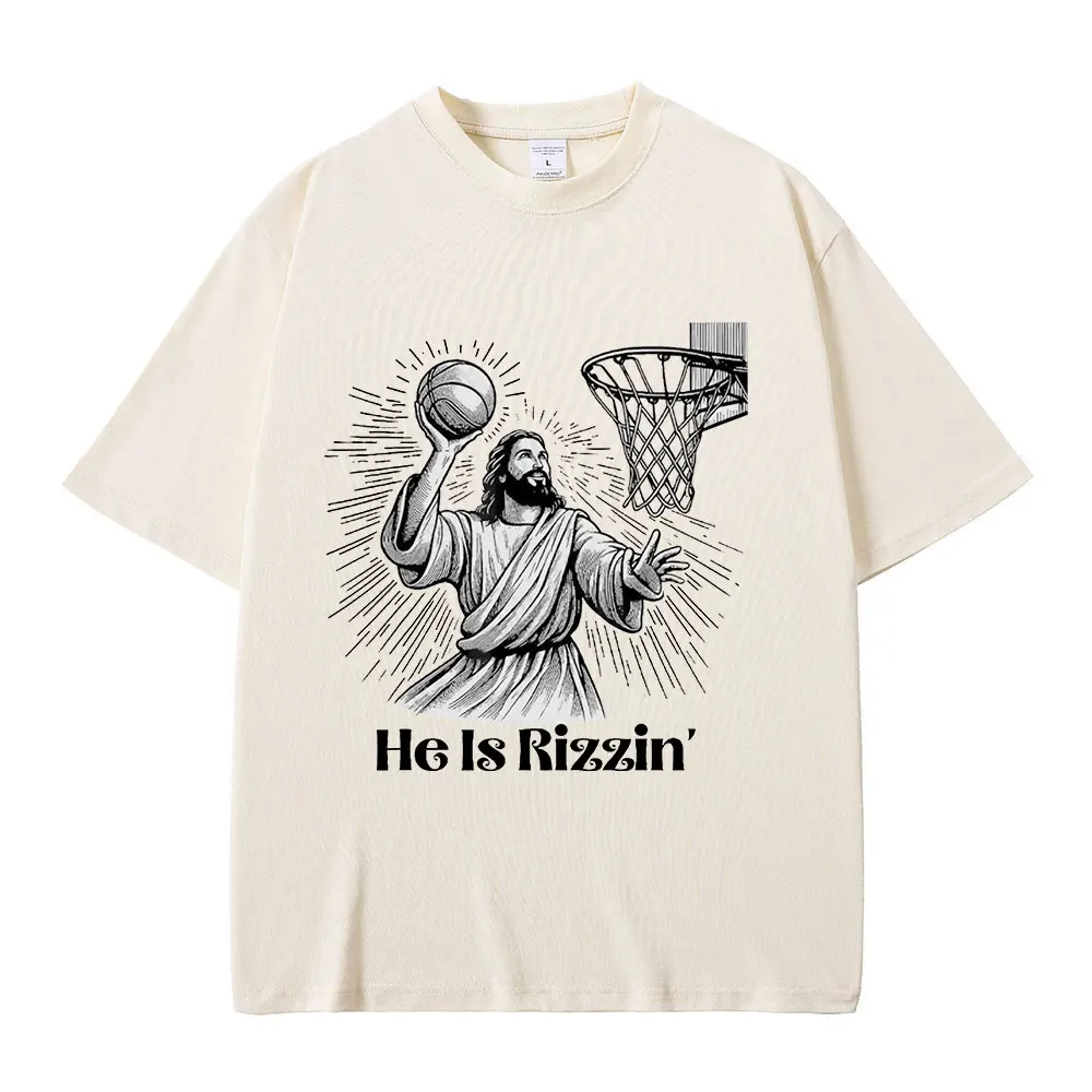 Funny Baskerball Jesus Meme T Shirt He Is Rizzin Christian Easter T-shirt Men Casual 100% Cotton Oversized Tee Shirt Streetwear