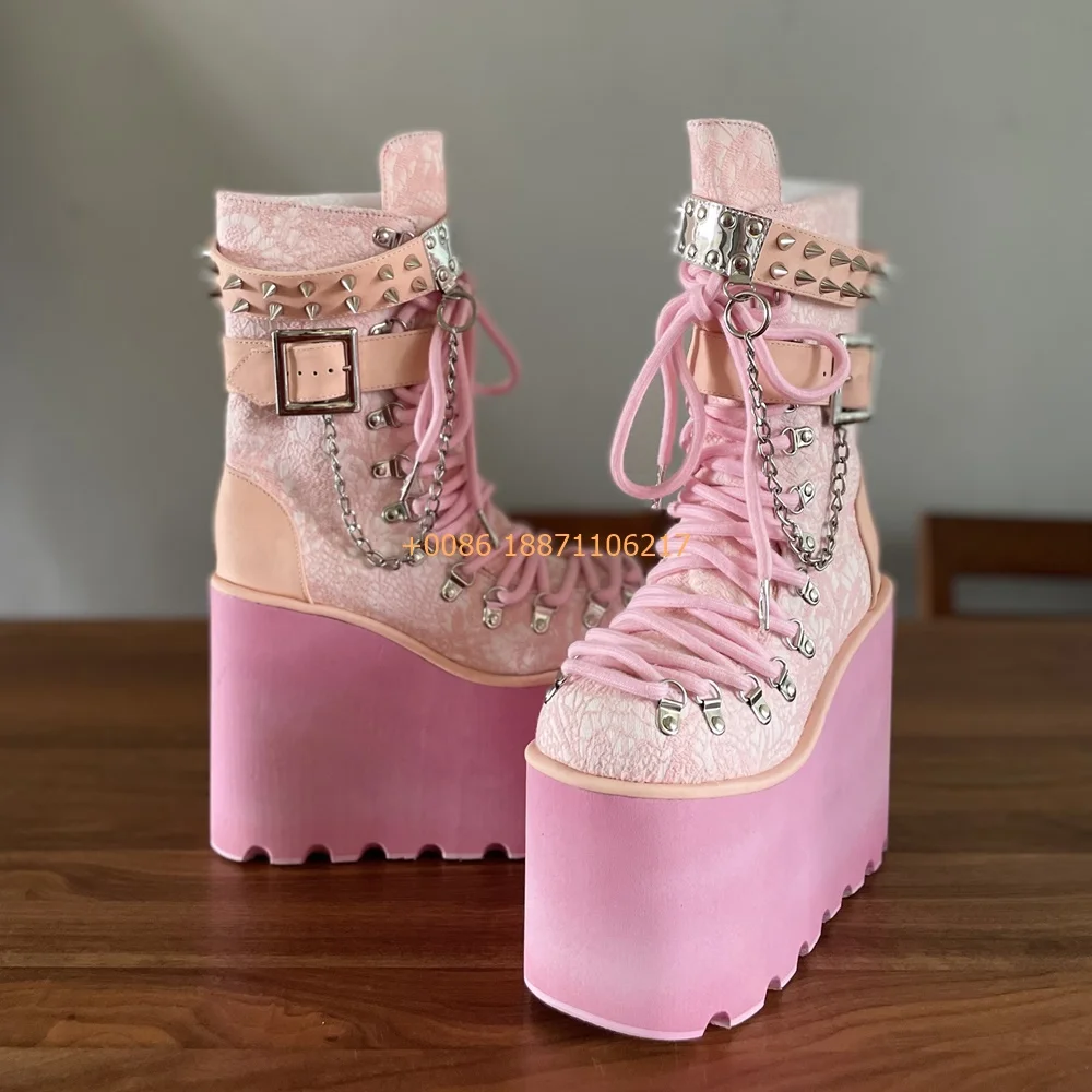 Pink Platform Chain Rivet Boots New Cyberpunk Belt Buckle Rock Boots Party Casual Fashion Ladies Sweet 34-47 Size Wedding Shoes