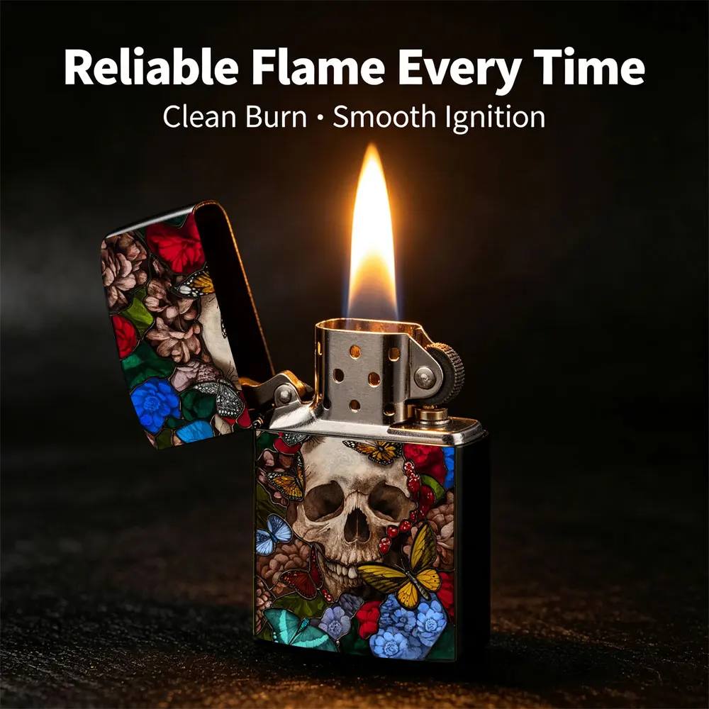 Pocket Lighter, Skull Butterfly Floral Print Metal Flip-Top Windproof Design, Comfortable Grip, Portable Refillable