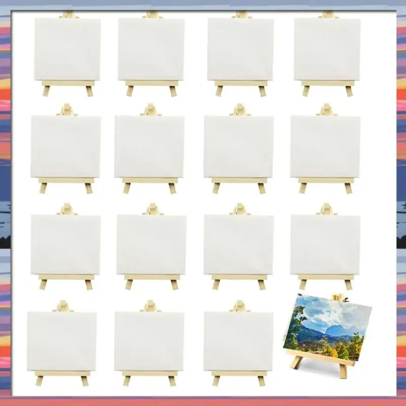 AC18(Guaranteed) 16 Pack 4 X 4 Inch Stretched Mini Canvases Small Painting Canvas With Easel Art Canvases For Kids Painting Craf