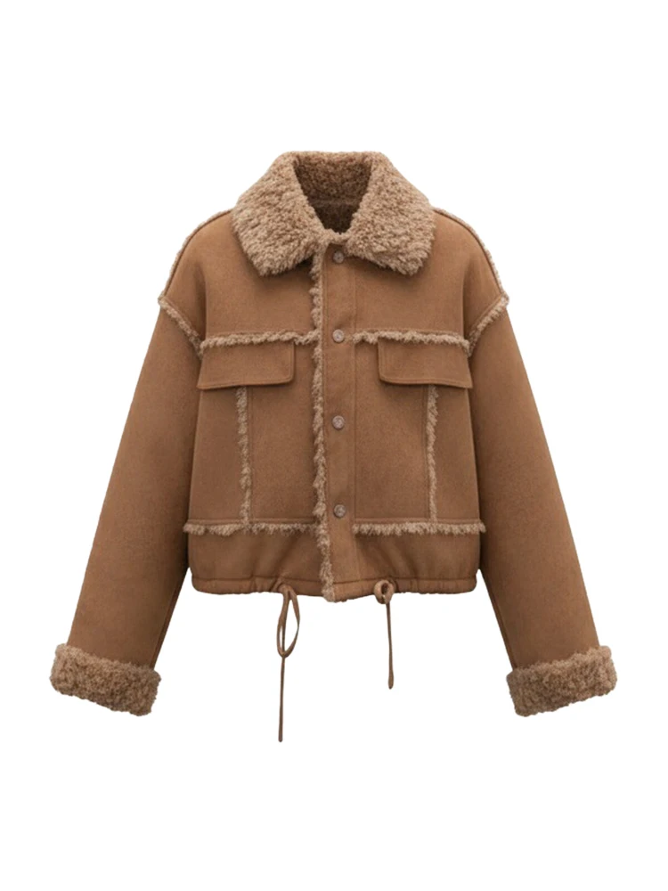 Kurtka damska z kołnierzem z futra, model 2025, nowa kolekcja zimowa, mały rozmiar, luźny krój, ciepła, podszyta polarem, prosty styl.