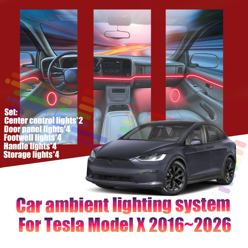 Для Tesla Model X 2016-2026: Светодиодные атмосферные лампы, цветная подсветка салона, неоновая лента, 64 RGB-цвета, автозапчасти Для Tesla Model X 2016-2026: Светодиодные атмосферные лампы, цветная подсветка салона, неоновая лента, 64 RGB-цвета, автозапчасти