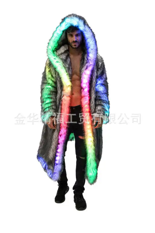가짜 모피 코트 남자 후드 겉옷 편안한 두꺼운 겨울 따뜻한 롱 자켓 LED 무대 댄스 파티 코스프레 의상 오버 코트