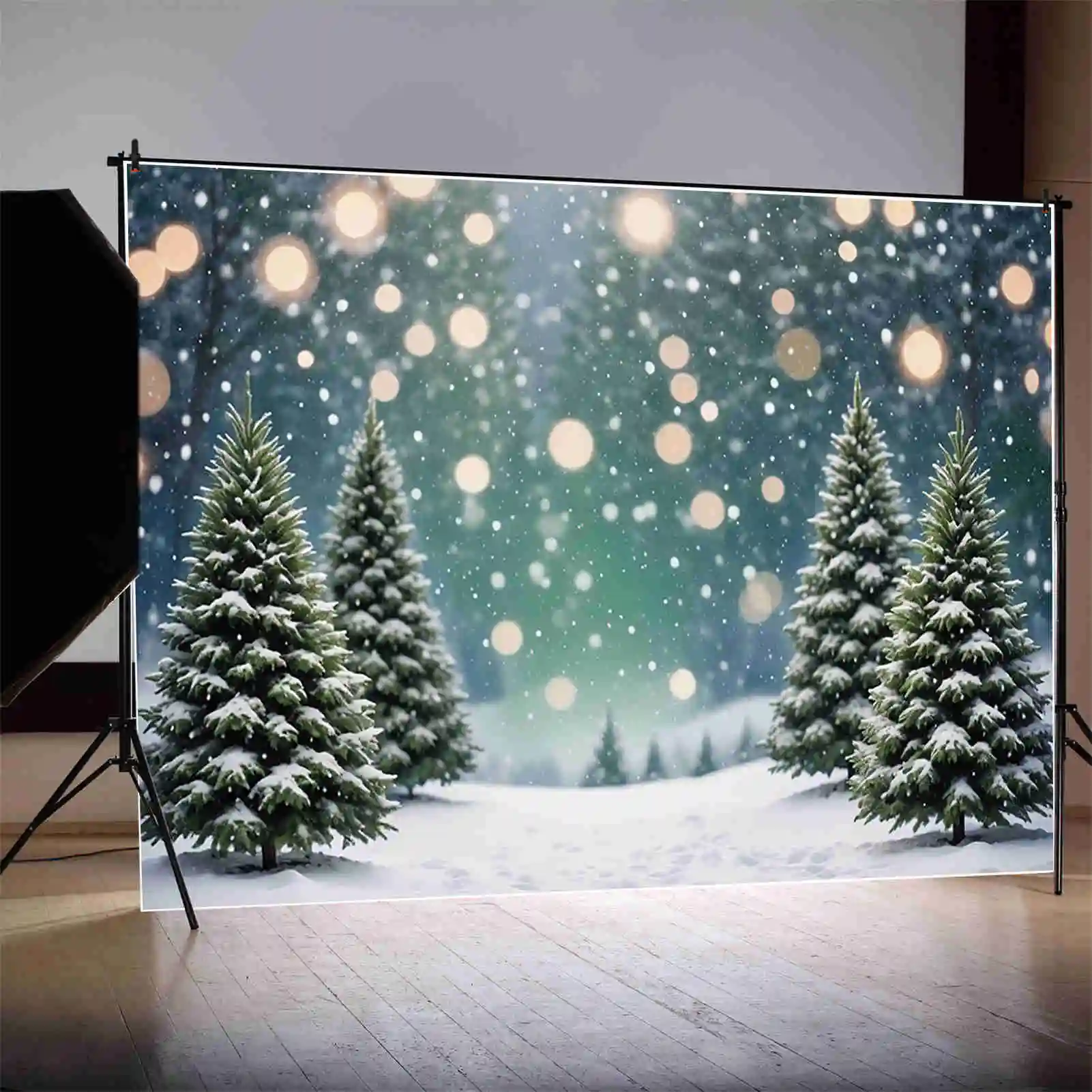 MOON.QG 2025 Christmas Pine Tree Backdrop Field Bokeh Outdoor Winter Snow Backgrounds Custom Party Decoration Photography Props