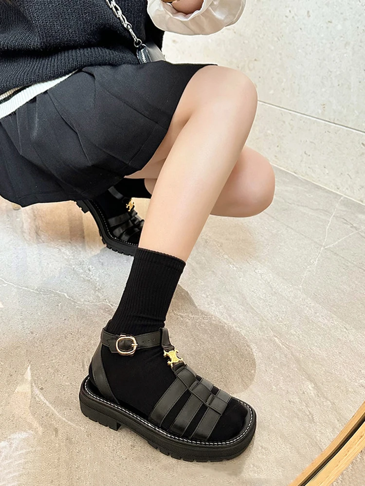 

Thi Heel Woven Leather Sandals Women's Flat Roman Sle Summer oes Soft Bot Vintage Beach Footwear Breathable Open Toe