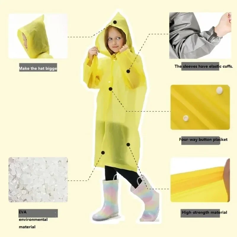 EVA Transparent One Piece Waterproof Kids Raincoat Lightweight Hooded Poncho Outdoor Travel Portable Thick Rain Protection Coat