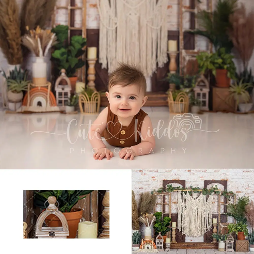 

Boho Plants Photography Backdrop Kids Baby Birthday Party Decors Brick Wall Child Girls Cake Smash Photo Shoot Studio Background