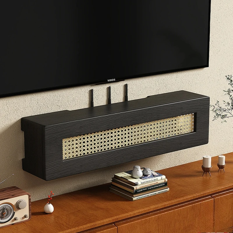 Vintage Rattan Wall Mount Router Holder TV Bracket Organizer with Concealed Cable Management Set Top Box Storage Shelf