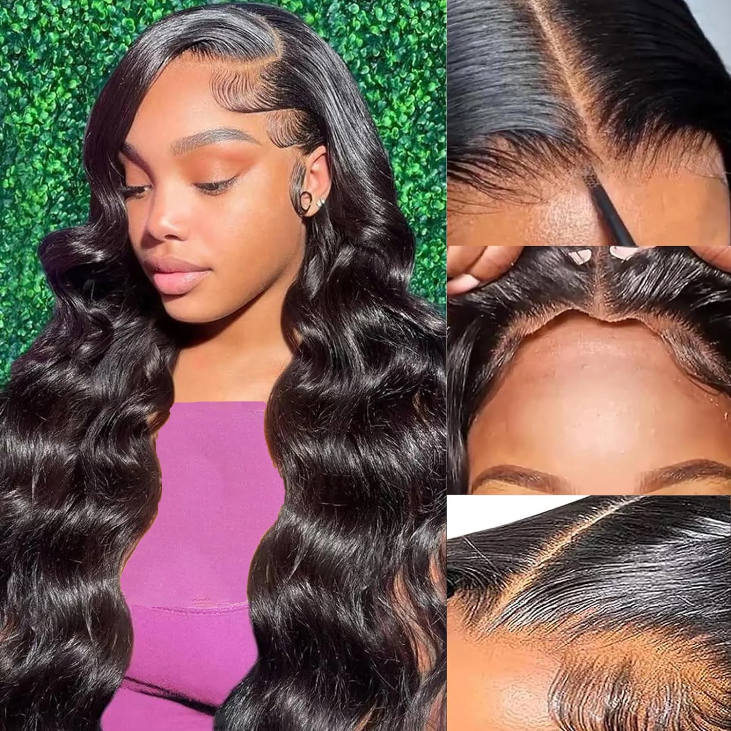 Glueless Human Hair Wig 7x6 Lace Closure Natural Black Adjustable Drawstring Pre-Plucked Hairline Body Wave Wigs 40 46 Inch HD Lace Frontal Human Hair Wigs For Women Pre Plucked 220% Density - view 3