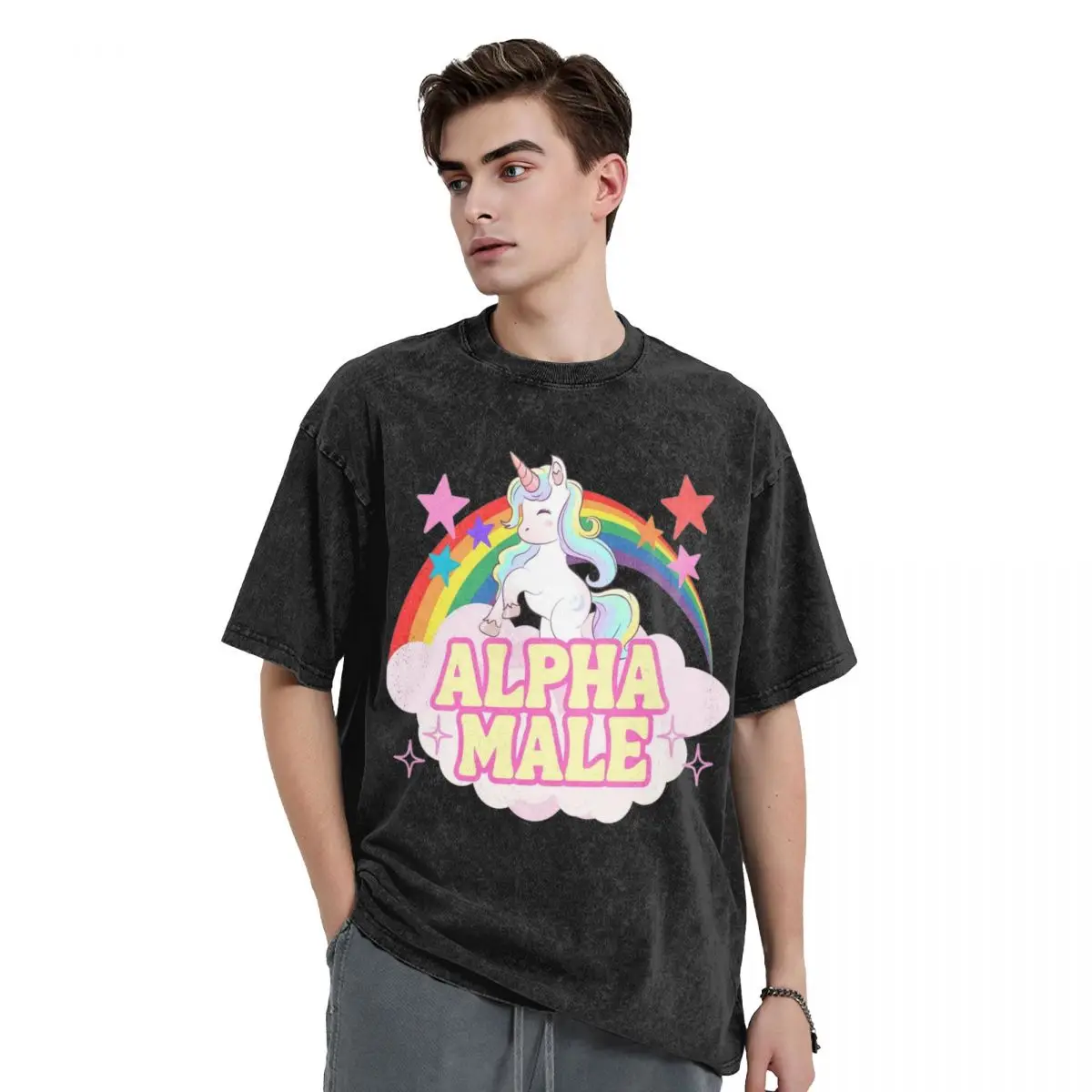 Washed T Shirts Funny Alpha Male Hip Hop Vintage T-Shirt Harajuku Unicorn Rainbow Streetwear Cotton Summer Tops Tees Men Women