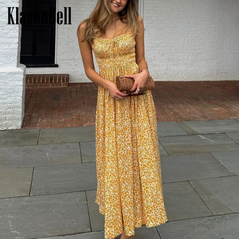 

5.24 KlasonBell Fashion Holiday Style Floral Print Ruffle Suspender Dress Lace-up U-Neck Elastic Collect Waist Maxi Dress Women