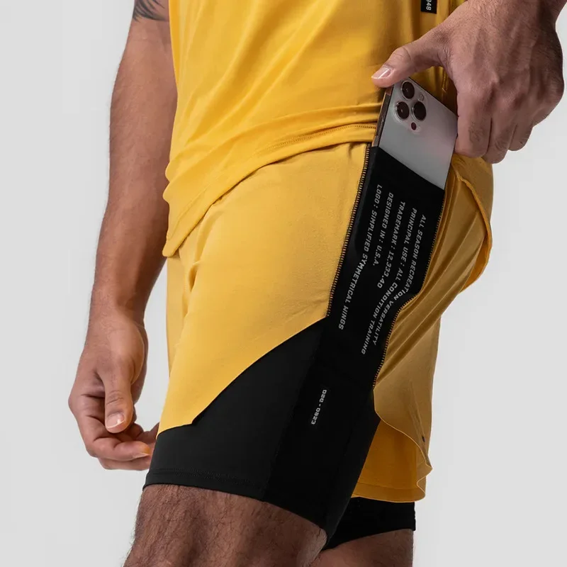 Men\'s 2 in 1 Gym Shorts Tights Sport Summer Quick Dry Jogger Basketball Short Pants Training Fitness Workout Running Bottoms