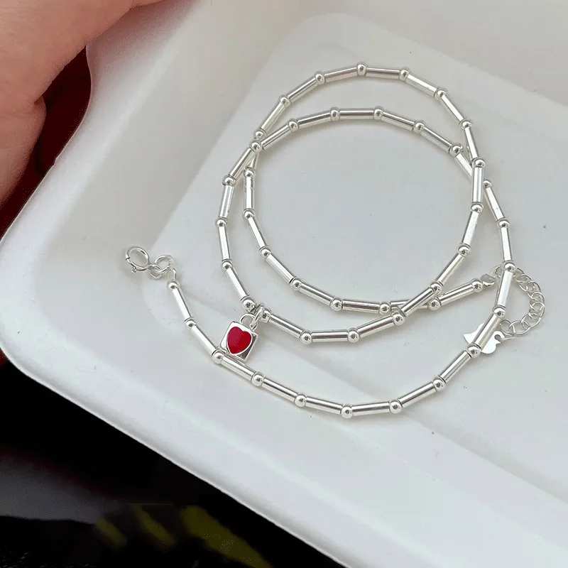 925 Silver Light Luxury Craft Bamboo Joint Style Beaded Clavicle Chain Red Enamel Heart Pendant Exquisite Sweet Necklace Jewelry