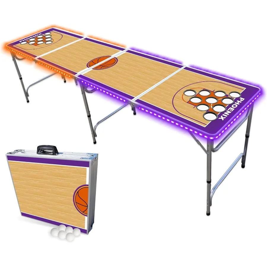 

8Foot Folding Portable Pong Table with Optional Cup Holes and LED Lights for Indoor Outdoor Recreation Ideal for Home Game Room