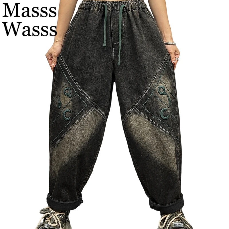 

Masss Wasss Autumn Design Jeans Ladies Embroidery Vintage Classic Denim Pants Female Loose Punk Fitness Elastic Waist Trousers