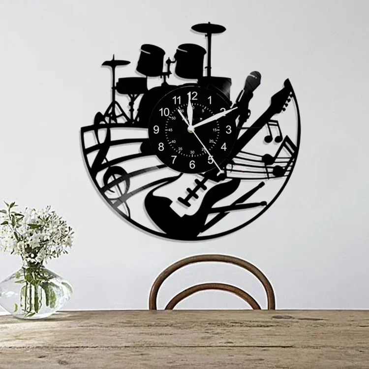 Rock Instrument Guitar and Drum Kit Wall Clock Guitarist Music Vinyl Record Wall Clock Home Decoration Guitar Wall Watch