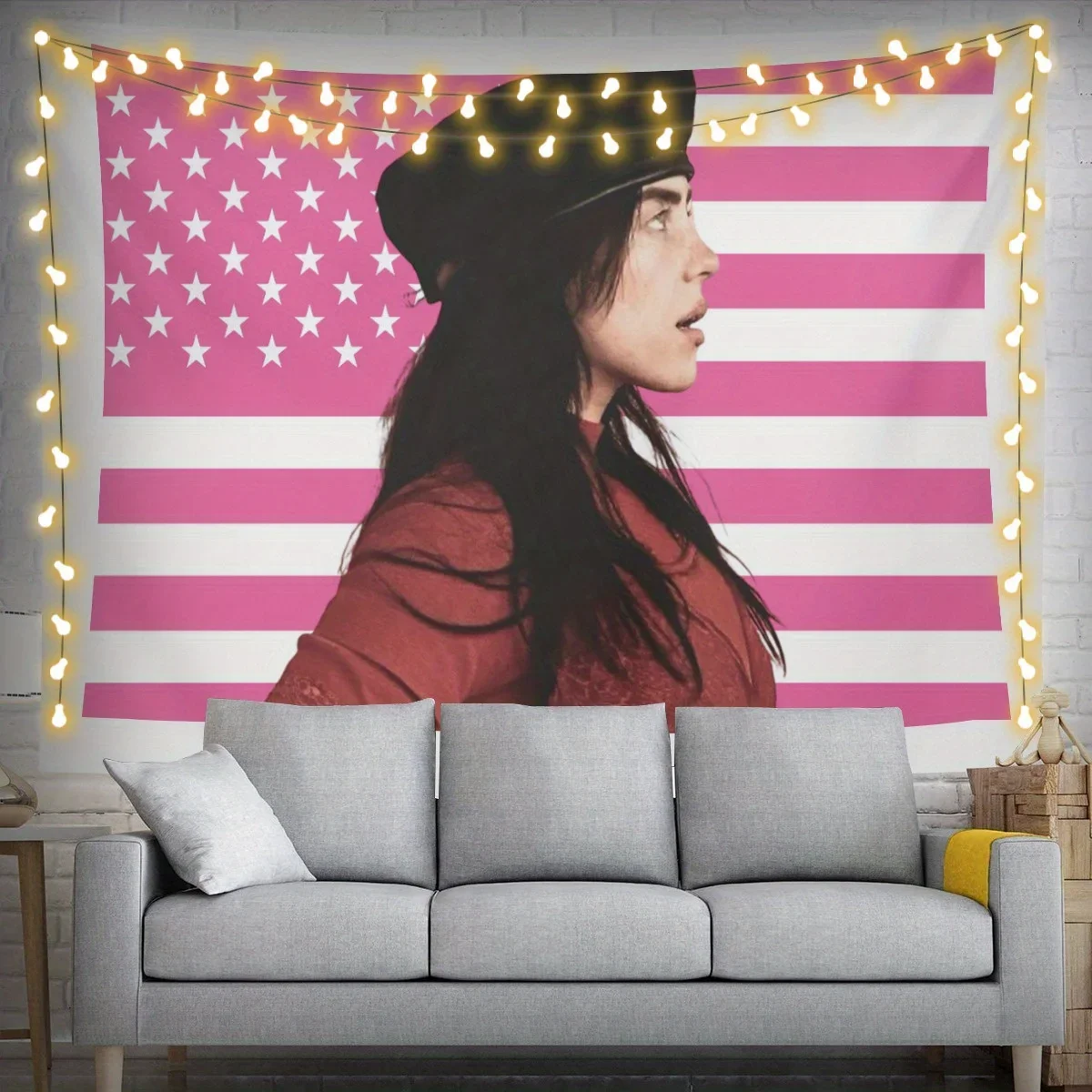 Customization Patriotic American Flag Tapestry With Billie Design - Pink & Purple Horizontal Wall Hanging For Bedroom, Living Ro