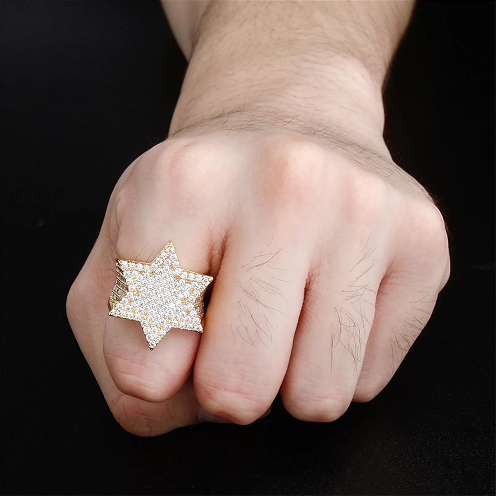 Magen David Diamonds Ring Men's Women's Hip Hop Style Hexagon Hexagram Jewish Judaism Israel Star Gold Color Full Zircon Jewelry