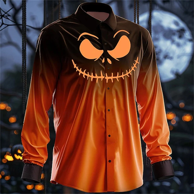 Halloween 3D Printed Horror Pumpkin Head Orange Series Men's And Women's Fashion Casual Party Oversized Button-down Shirt