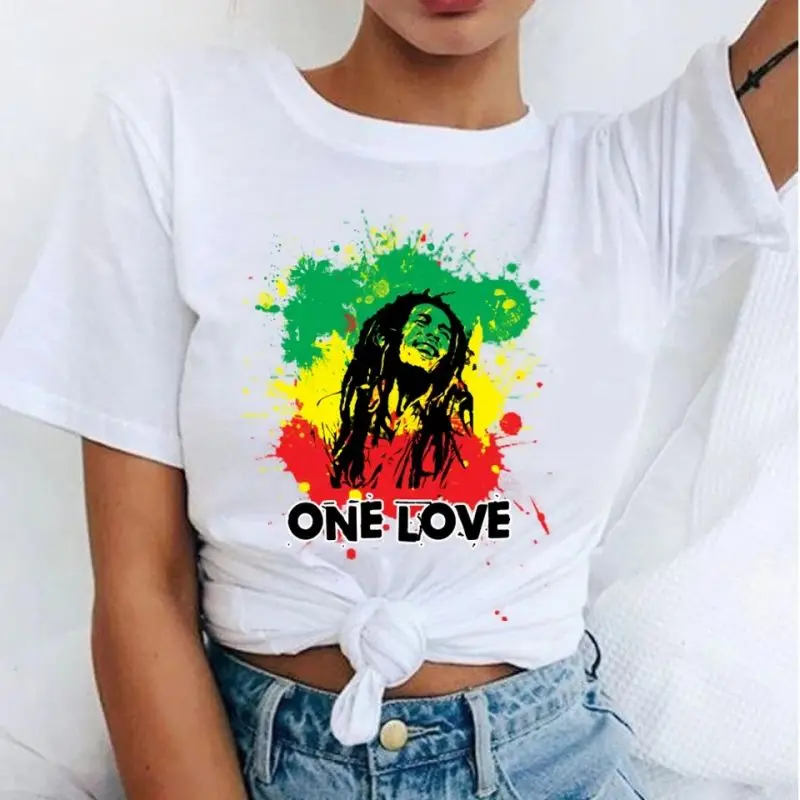 Bob Marley Print Y2K T-shirt Women 90s Trend New Female Tee Fashion White Short Sleeve T Shirt Graphic Top Print Ladies Clothing