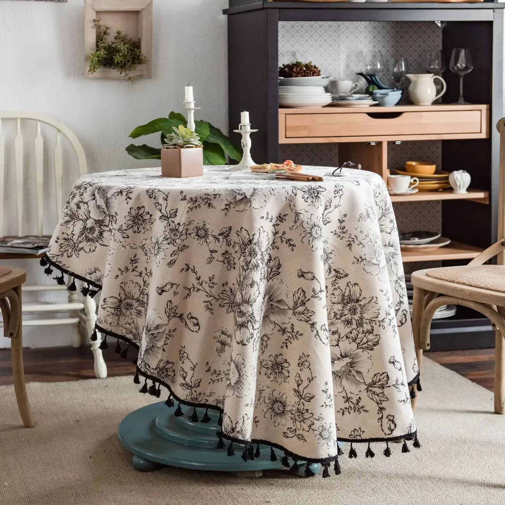 

Flower printed circular linen tablecloth, tassel style dining table set with tea cloth tabletop decoration