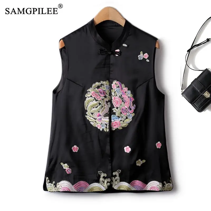 

2023 Summer New Outerwear Chinese Style Stand Collar Buckle Embroidery Straight Spring Light Luxury Sleeveless Women Vest 4XL