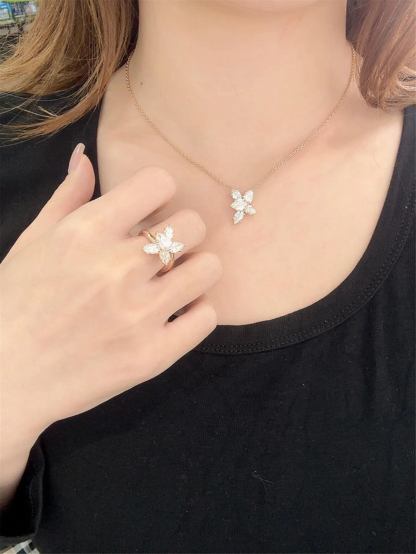 14K Solid Gold Laboratory-Grown Diamond Marquise and Pear Cut Five-Stone Pendant CVD HPHT Fashion Diamond Necklace O-Link Chain