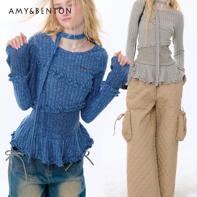 الأمريكية الرجعية تصميم غير النظامية تكدرت الدانتيل المرأة قاع قميص الخريف الشتاء جديد تنوعا بلوفر مغزول السيدات #1