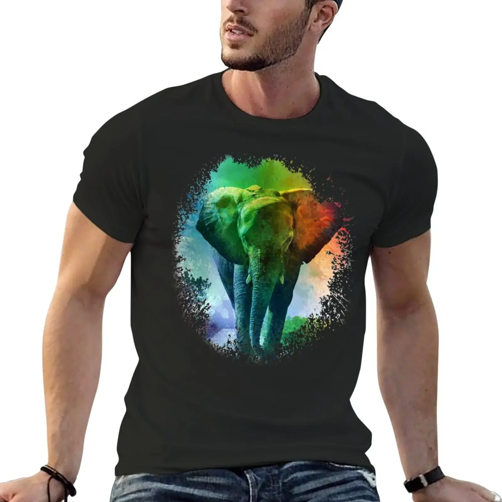 

Colorful Elephant Art T-Shirt hippie clothes plus sizes summer tops mens white t shirts