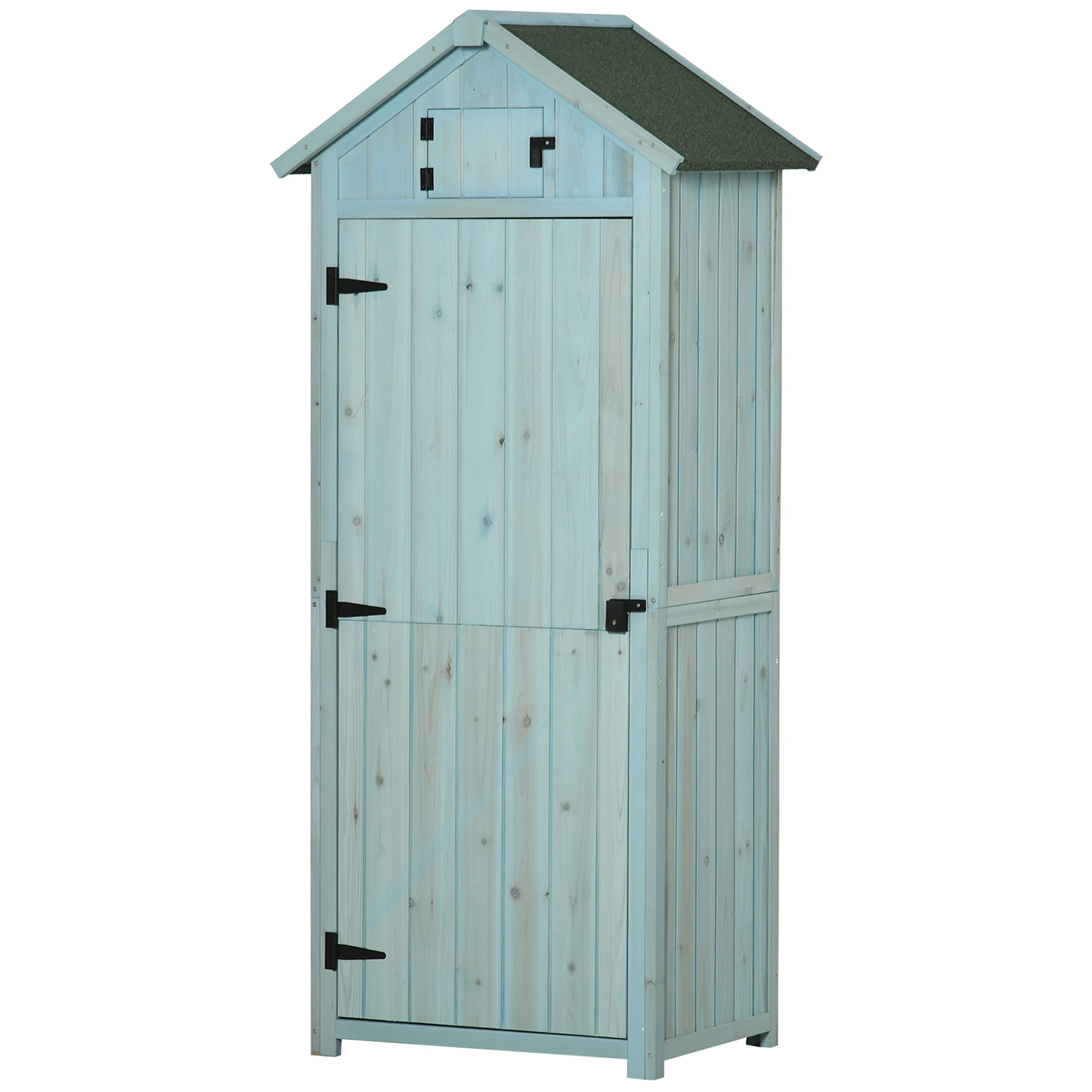 Outsunny tuinkast buiten tuinhuisje drinkhuisje voor gereedschap 3 planken 2-deurs opstaand dak opbergruimte buitenopbergruimte voor terras 77x54x179 cm Grijs