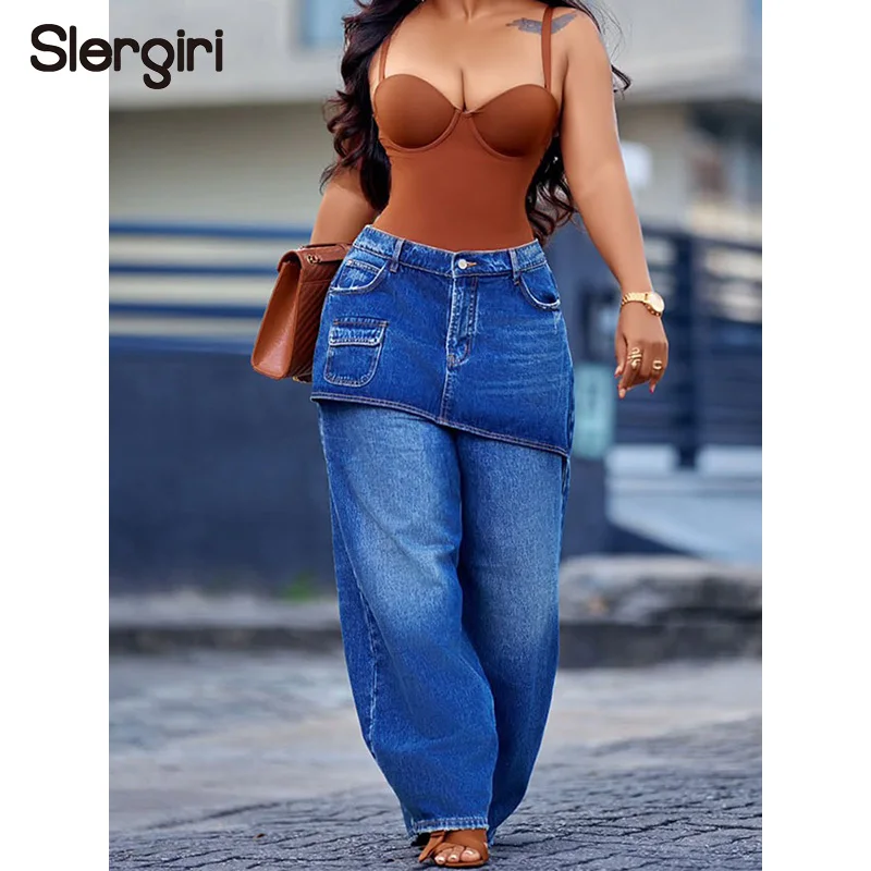 

Slergiri Vintage Mid Waisted Straight Leg Jeans Women Fashion New 2026 Summer Back Elastic Waist Streetwear Washed Denim Pants