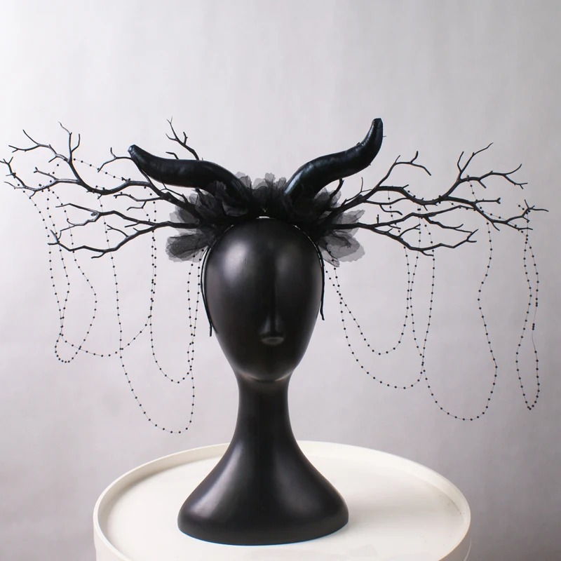 Forme de branche d'arbre de corne exagérée noire avec pompon, coiffure, style adulte, adapté à la scène, accessoires de photographie de spectacle, décoration