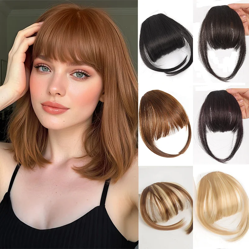 

Шиньон с воздушной челкой для женщин, синтетические волосы на клипсе, фронтальный парик, легко устанавливается и прочный