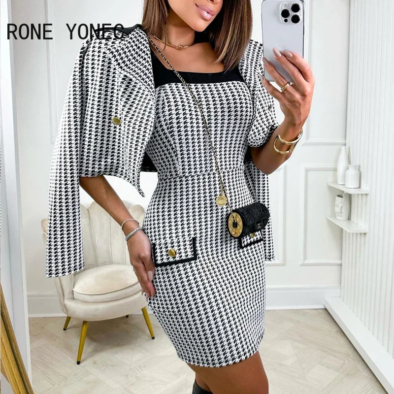 Houndstooth Print Colorblock Bodycon Dress & Blazer Coat Jacket Set  Women Two Pieces Sets