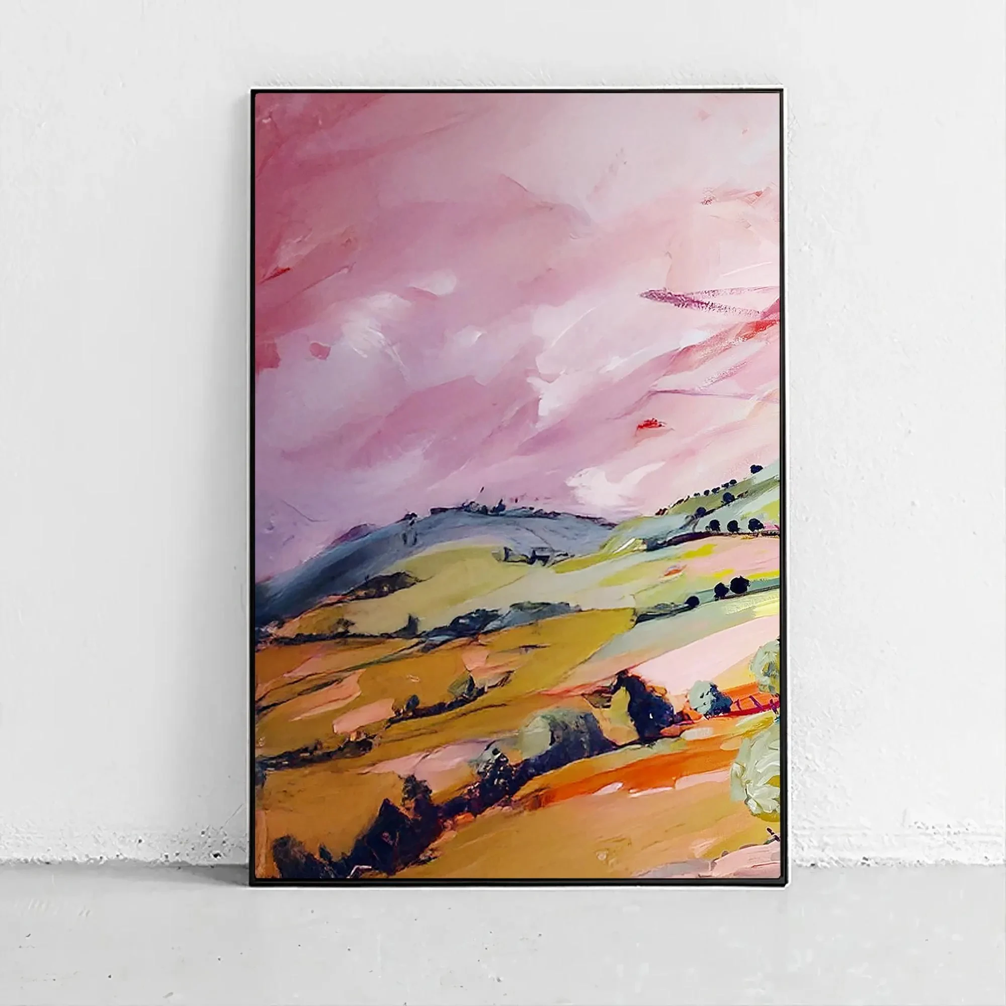 3pcs frameless Canvas Painting Pink Landscape Wall Art Set of 3, Cottagecore Country Prints, Pastel Farmhouse Decor, Large Tript