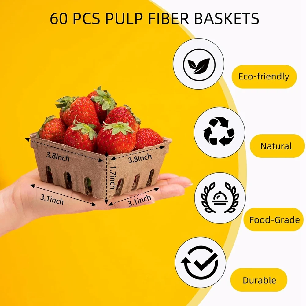 AA94-60 Pack Pulp Fiber Berry Basket, For Strawberry Blueberry Raspberry Grape Cherry, Produce Basket Containers