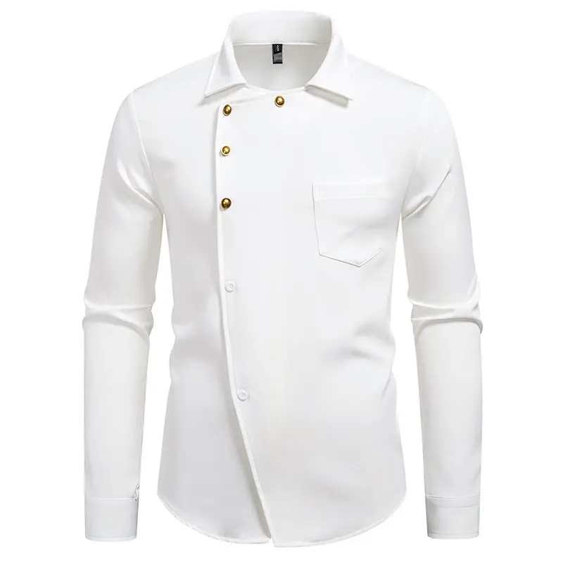 High Quality Men's Diagonal Placket Design Long Sleeve Shirt Autumn Fashion Vintage Male Casual Social Wedding Party Business