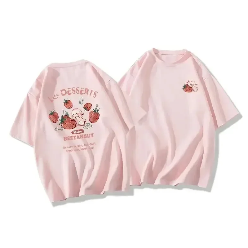 2024 Cute Rabbit Strawberry Fashion Creative Printed Short Sleeve T-Shirt Trendy Brand Loose Casual Simple Versatile T-Shirt