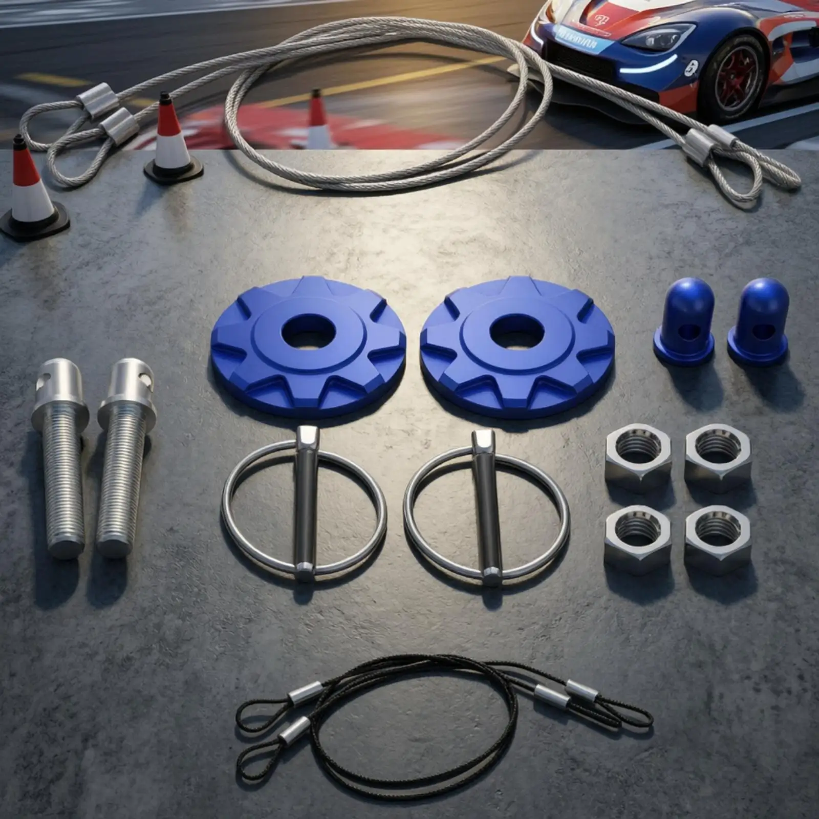 Universal Hood Lock Hardware Kit with Two Locking Pins and Steel Wire Cables for Car Protection