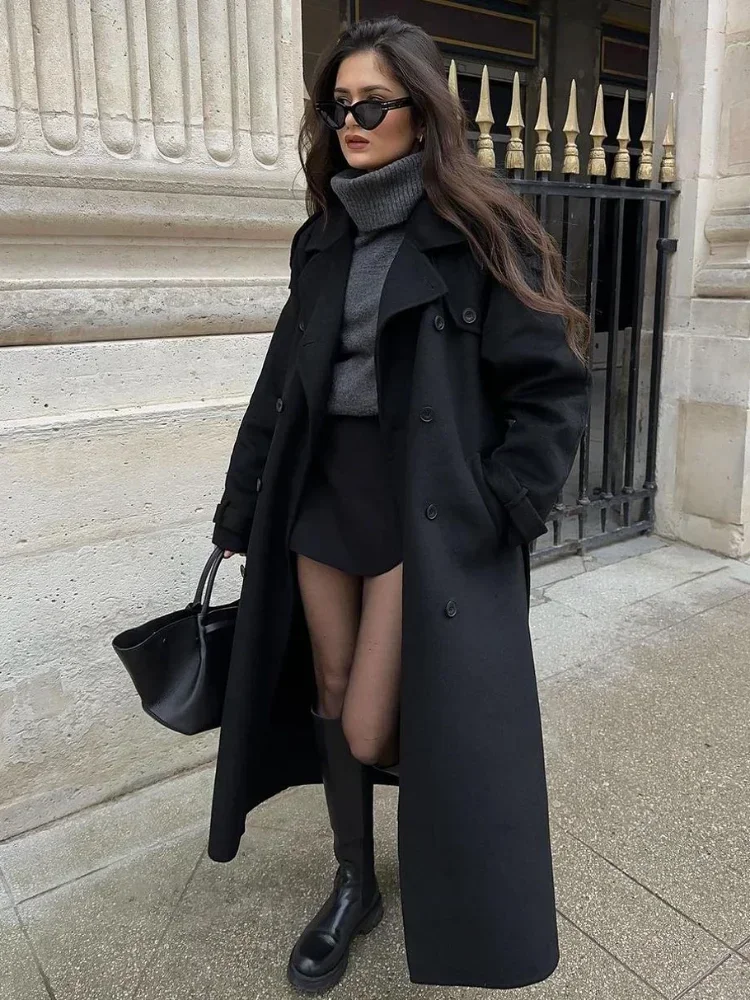 Fashion Black Woolen Long Coat With Belt Women Oversize Loose Double Button Lapel Overcoat Autumn New Street Female Outerwear