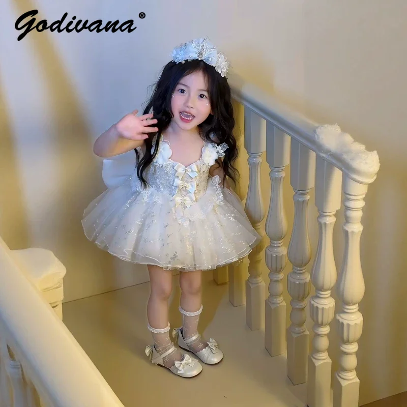 Sweet Girls Birthday Party Princess Lolita Tutu Dress 2026 New Summer Kids Sequined Bow Lace Flower Girl Performance Tulle Gown