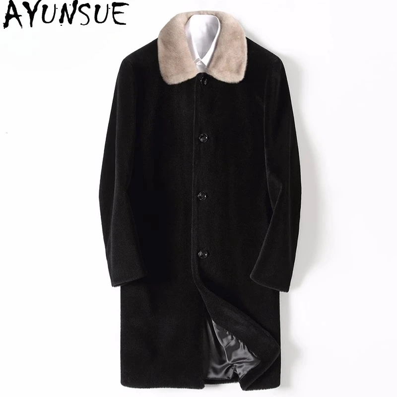 

AYUNSUE 100% Wool Coats for Man Winter Detachable Mink Fur Collar Mid-length Fur Coat Fashion Black Sheep Shearing Jacket 2025