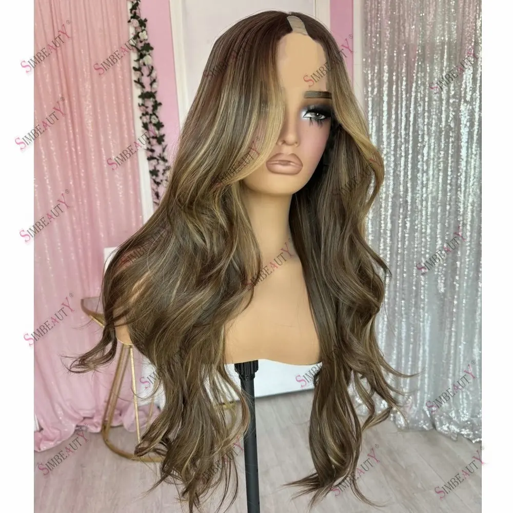 100%Remy Human Hair V Part Wigs Adjustable Hightlights Honey Blonde Loose Wave Glueless 1*4 Size U Part Wig Human Hair for Women