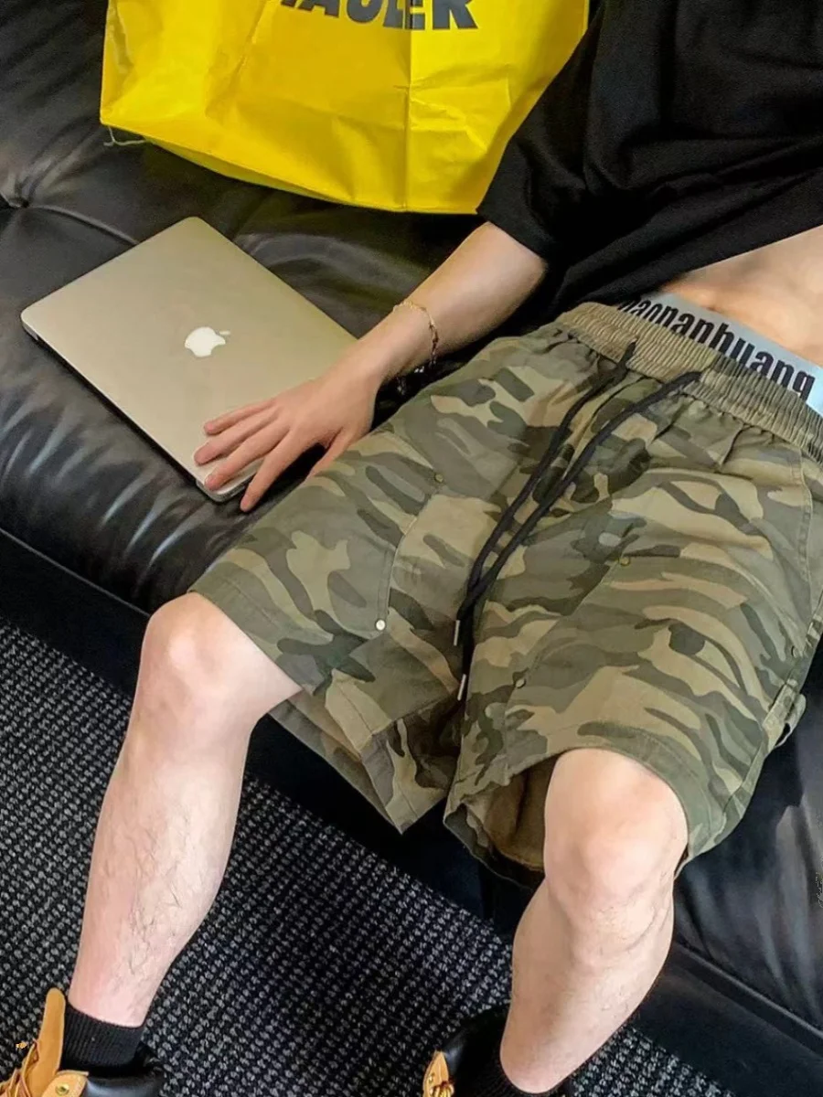 

Американская камуфляжная рабочая одежда в стиле ретро, мужские модные дизайнерские свободные прямые повседневные брюки пять четвертей, летние средней длины