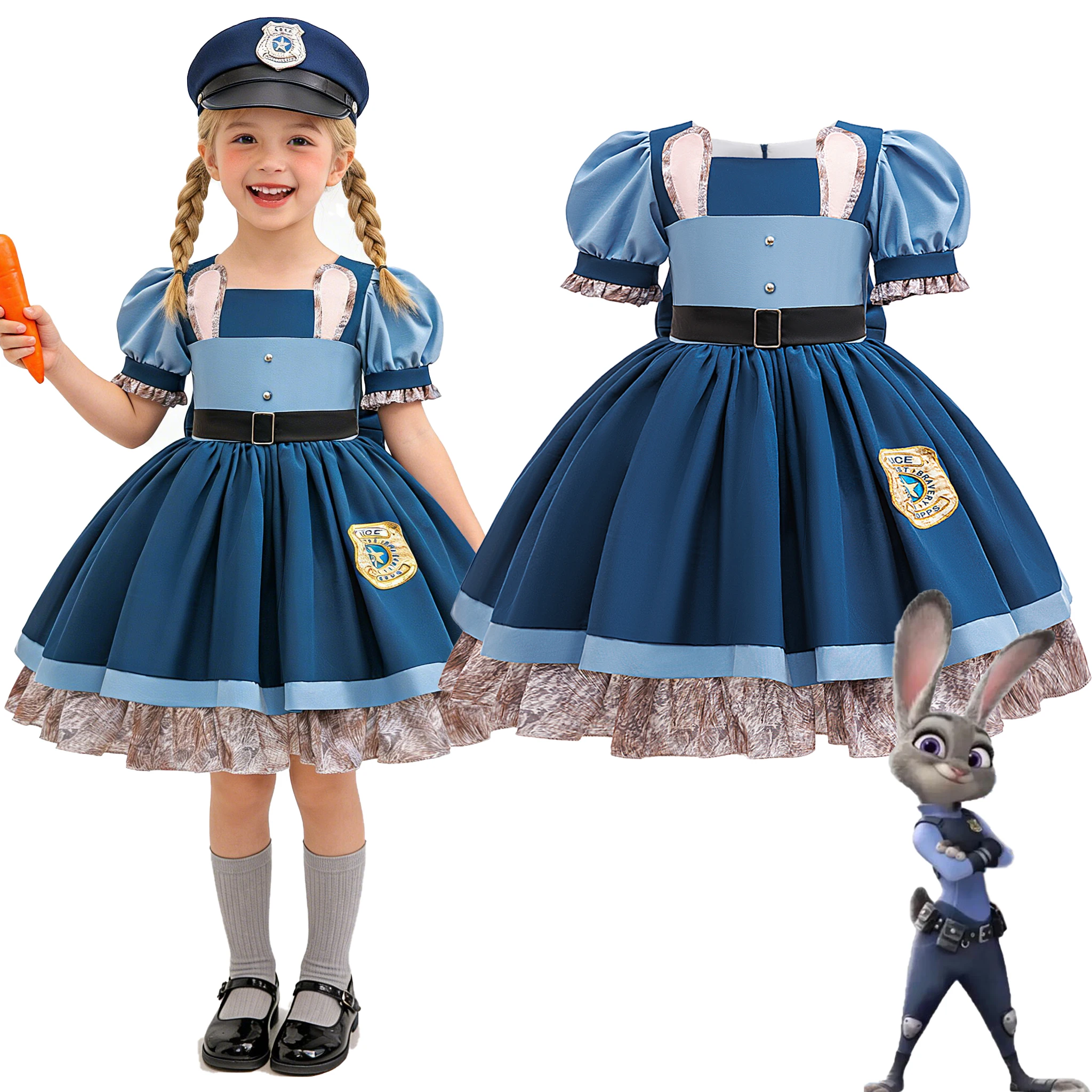 Fantasy Cartoon Rabbit Police Costumes Cosplay Girls Carnival Party Birthday Princess Dresses Girl Disguise Zoo Roleplay Outfits
