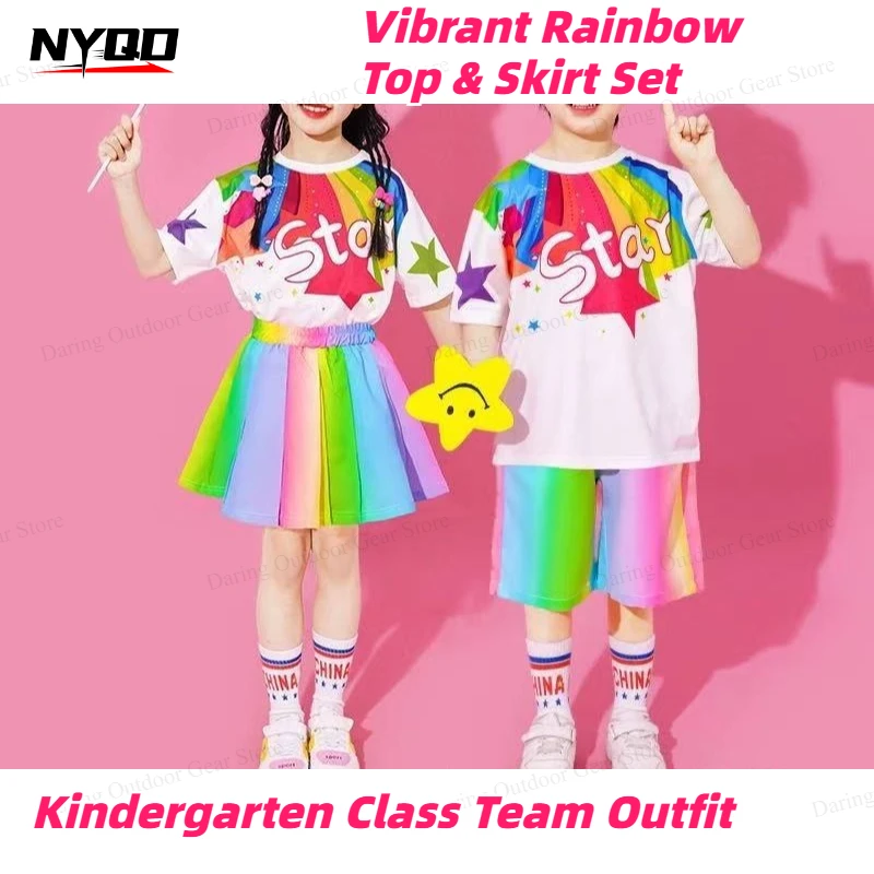 Kids Rainbow Cheerleading Costume for Primary School Sports Day, Kindergarten Class Uniform Chorus Set