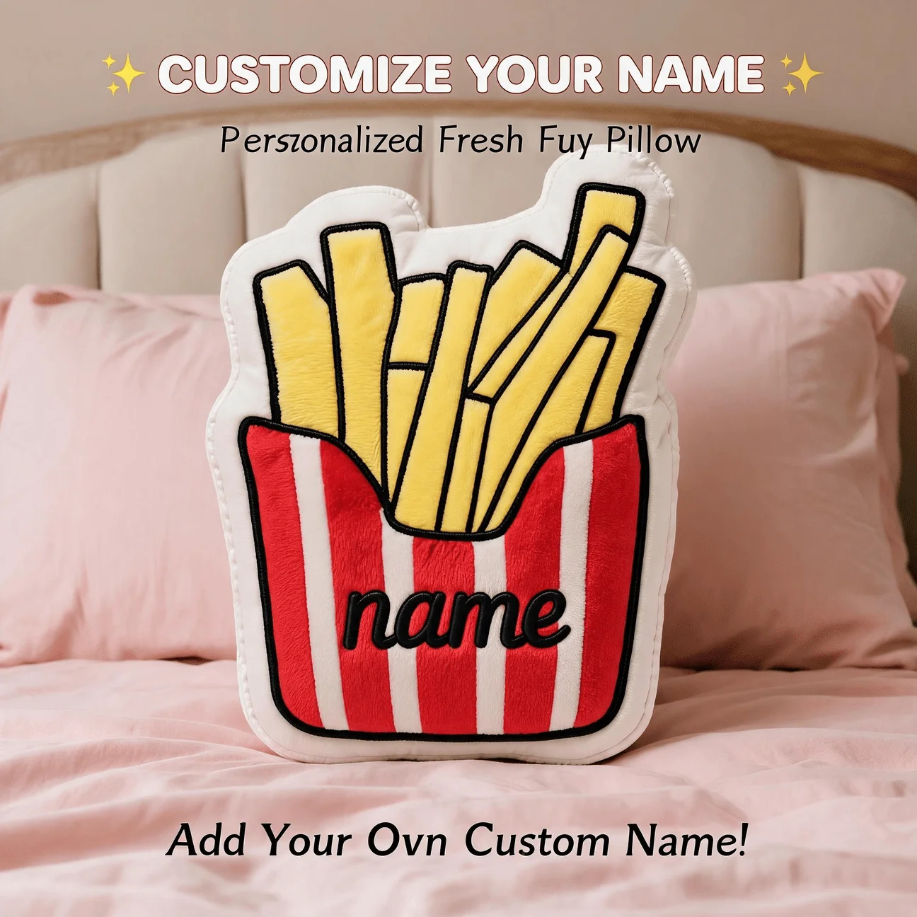 Custom Personalized Photo French Fries Shaped Pillow, Red Striped Box Decorative Cushion with Name Text Unique Home Decor Accent